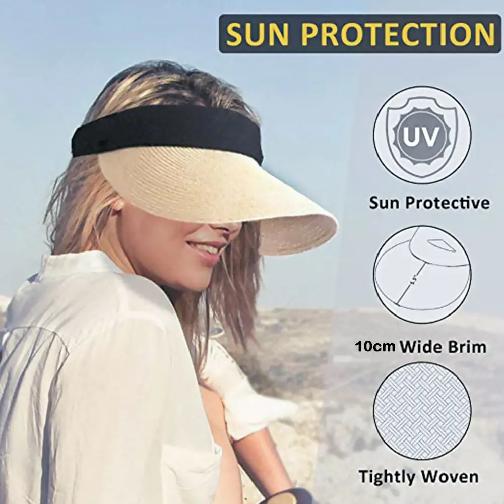 

Summer New Empty Top Suncap Foldable Portable Roll-up Beach Hat Wide Brim Sun Hat Fashion Casual Straw Cap Visors For Women