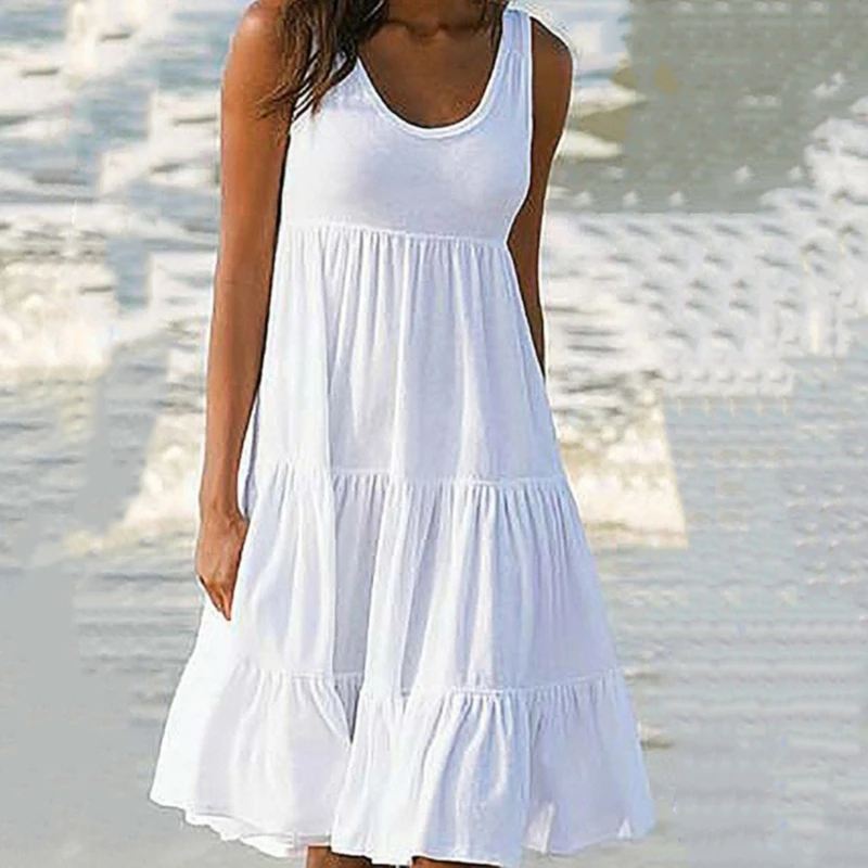 

2020 Sleeveless Party Dress For Women Solid Color O-Neck Summer Beach Dress Ladies Loose Boho Dress female Casual Robe Femme