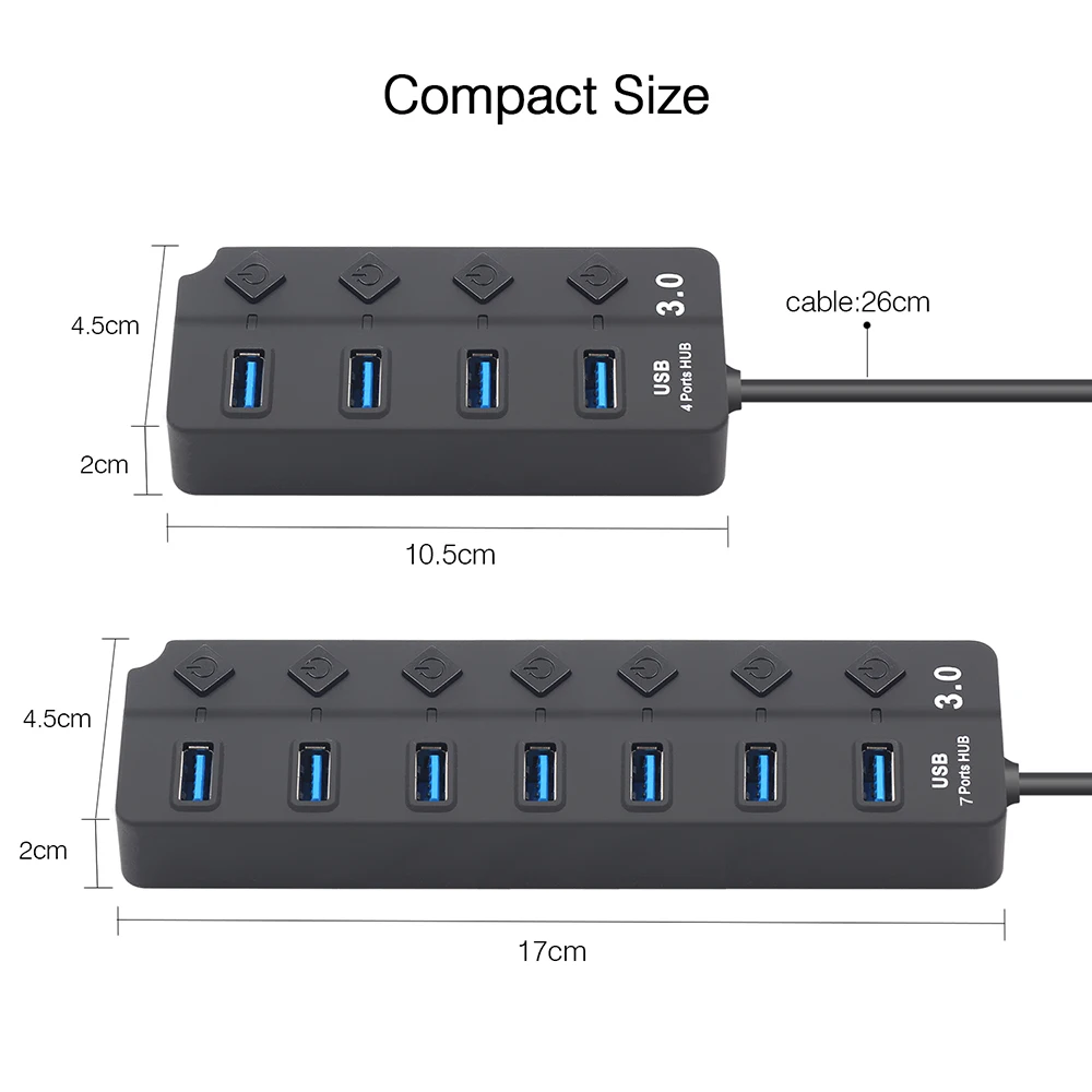 

4/7 Port USB 3.0 Hub High Speed External USB Splitter Expander On/Off Switch with Power Adapter For Laptop PC