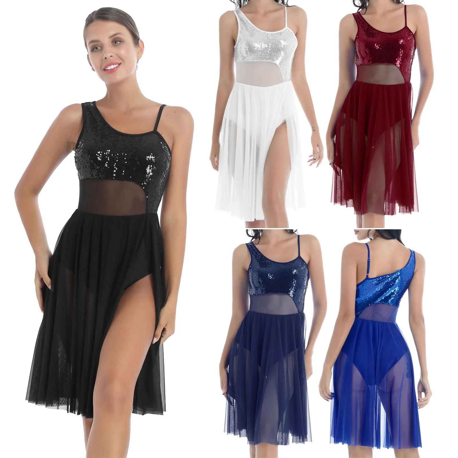 

Ladies Shiny Sequin Ballet Dance Costume for women Professional Ballerina Leotard Dress Sleeveless Split Dress for Figure skates