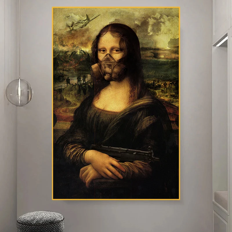 

Funny Mona Lisa In War Used Canvas Paintings Fun Art Poster for Art Pictures Prints for Picture Home Decoration