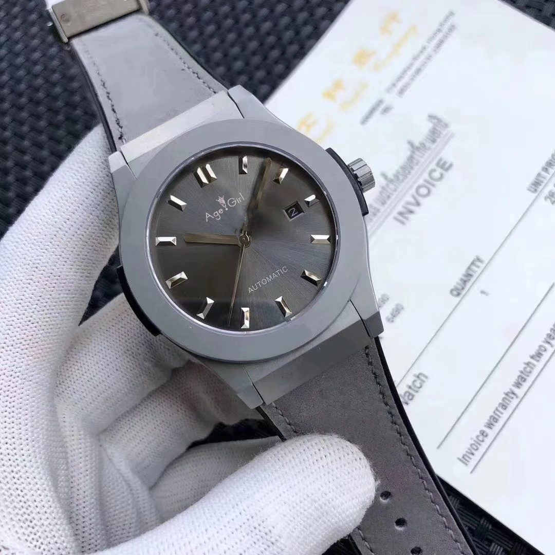 

Luxury Brand Men Automatic Mechanical Date Watches Grey Leather Titainium Case Drive Crystal Sapphire Back See Through Watch AAA