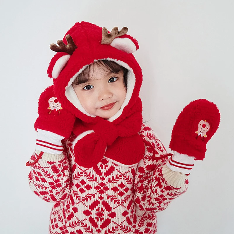 

Christmas Elk Hat Autumn Winter Plush Scarf Glove Integrated Hat Simple Warm Children's Comfortable High Quality Pullover Hat