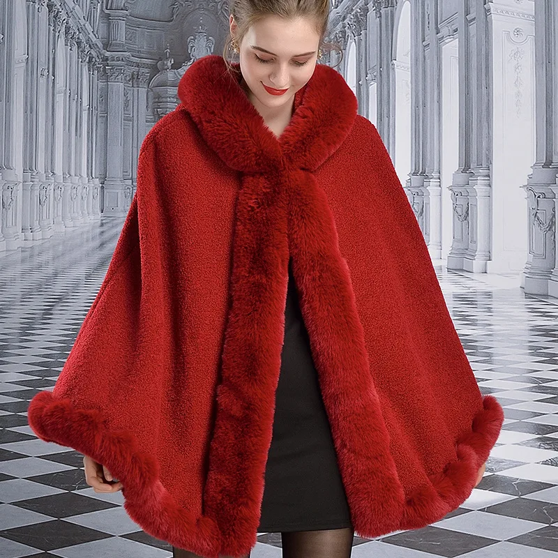 

Fashion Imitated Lamb Wool Rex Rabbit Fur Cloak Cape Hooded Coat Elegant Female Senior Faux Fur Shawl Winter Thick Plus Size