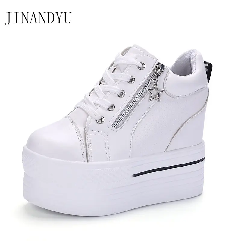 Белые кожаные кроссовки женские на танкетке массивные платформа Mujer 2020 модные