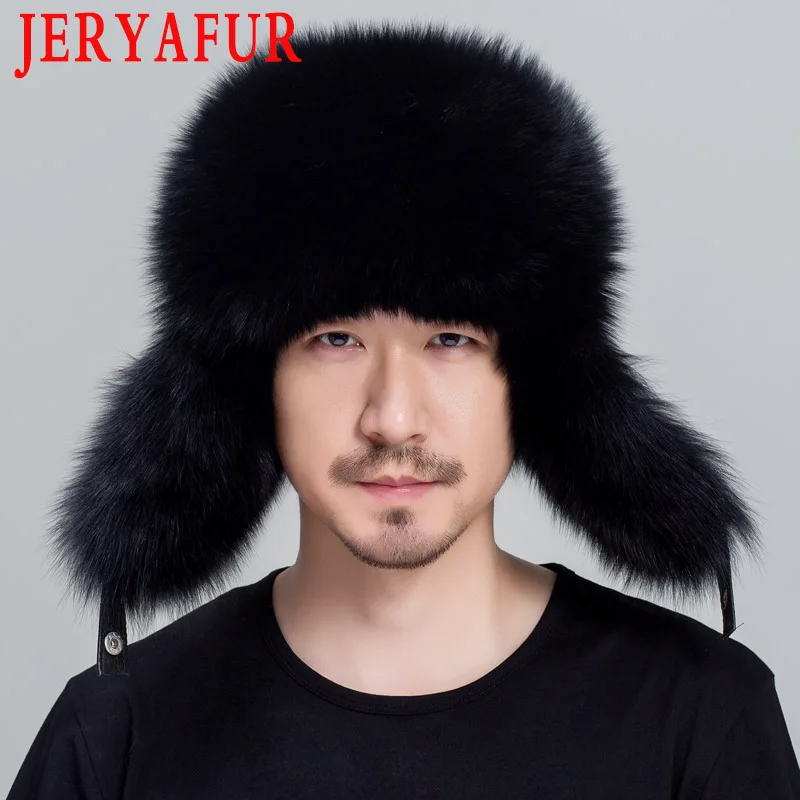 

JINBAOSEN Russische leder leder bomber hut männer winter hut kopfhörer ohrenschützer männer hüte natürliche waschbären pelz schw