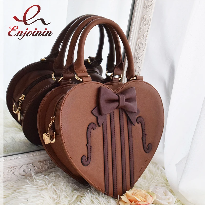 

Kawaii Heart Shaped Handbags for Women Lolita Shoulder Bag Girls Violin Style Fashion Purses Crossbody Bag Cosplay BrownTote Bag
