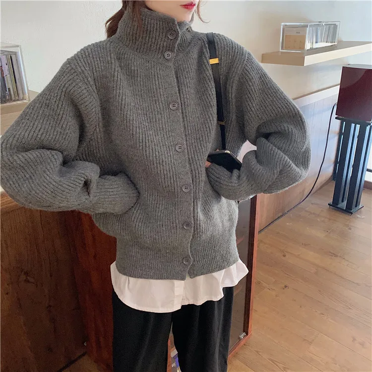 

2021 Autumn/winter Women Fashion Solid Cardigan Loose-fitting Sweater Turtleneck Ladies Brief Knitwear Zipper Cardigan Top