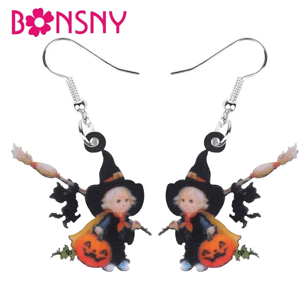 Bonsny Acrylic Halloween Broom Hat Witch Pumpkin Black Cat Earrings Drop Dangle Decoration Jewelry Women Girls Teens Party  Gift