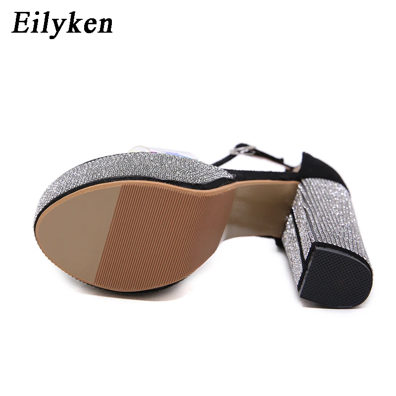 Eilyken; коллекция года; Модные женские босоножки из пвх; летние туфли на платформе с открытым носком; стразы; высокий толстый каблук; ремешок с пряжкой на щиколотке; скидка