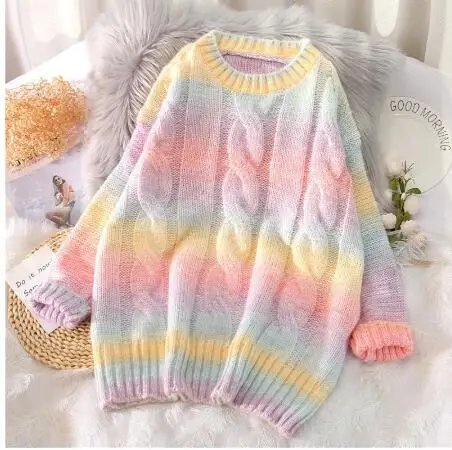 

Sweater Winter Women Rainbow Sweaters Tie Dye Pullovers O-Neck Long Loose Striped Korean Jumpers Candy Color Oversized