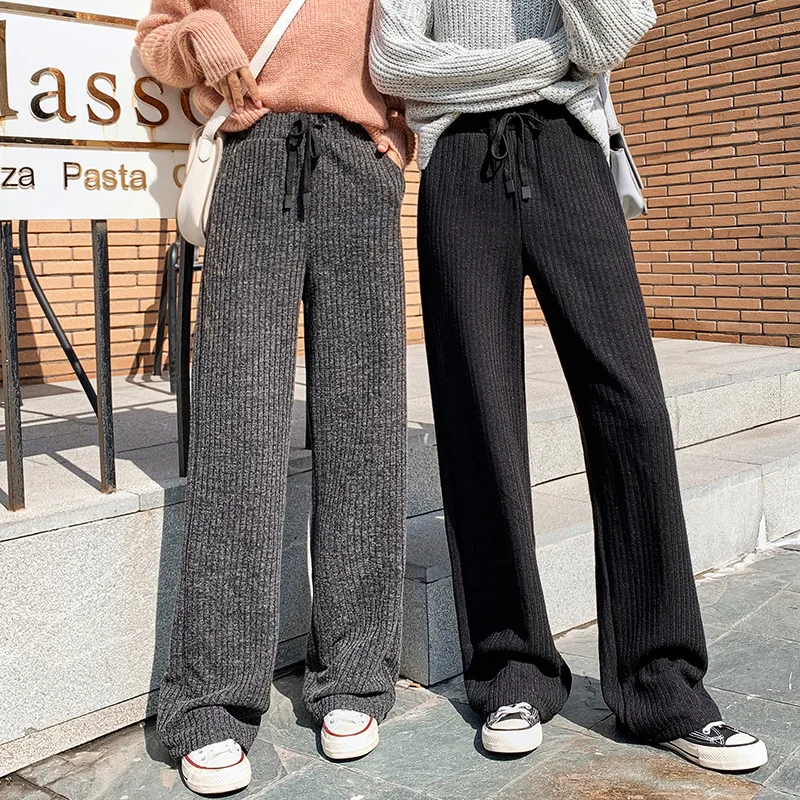 

Elastic Waist Thicken Sweater Pants Women Fall Winter Wide Leg Pant Loose Straight Large Size High Waist Casual Trousers