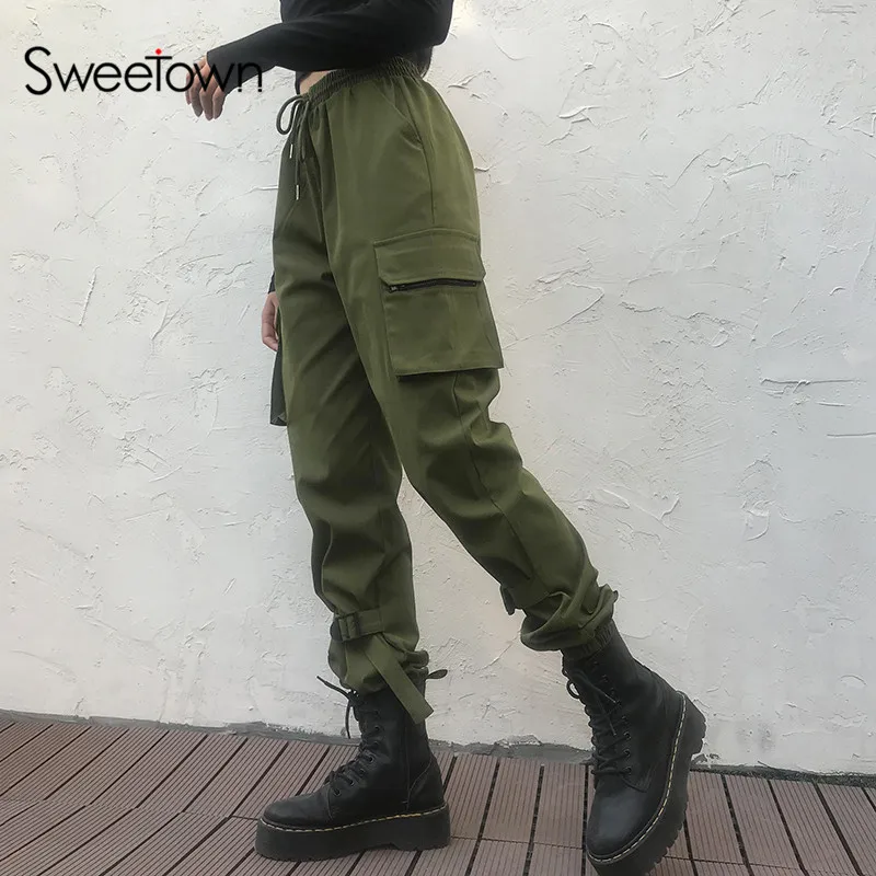 Sweetown, однотонные повседневные брюки-карго для женщин, уличная одежда, карманы, пэчворк, высокая талия, шаровары, на шнуровке, в стиле хип-хоп, мешковатые брюки