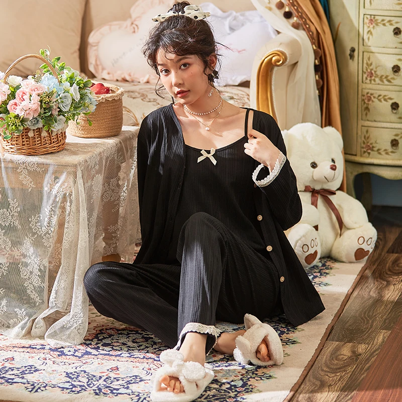 

Autumn Cotton Pajamas Female Three - Piece Suit Sexy Sling Nightwear Print Flower Soft Home Service Pyjamas Women