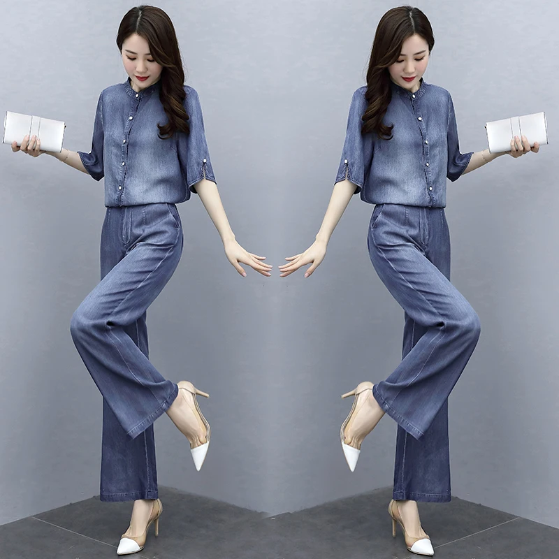 

Goddess Jean Suit For Women Wide Leg Pants Jeans Korean Woman Suit Ensemble Femme 2 Pieces Pantalon Two Piece Outfits