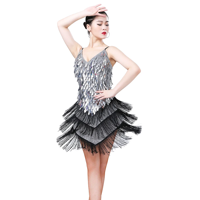 

Sequin Dance Performance Wear Dress Latin Salsa Tango Rumba Ballroom Tassel Fringe Dancing Competition Dresses