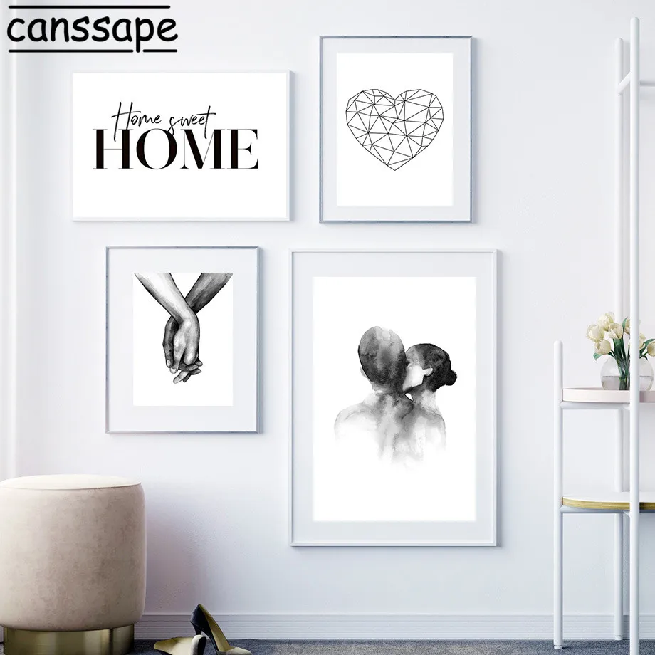 Любовь постер пара держа руки Живопись черный и белый стены искусства холст