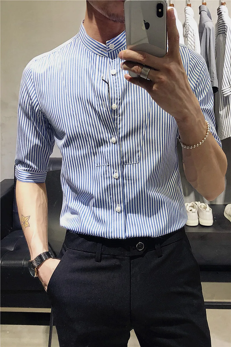 

Summer Striped 2021 Shirts for Men Stand-up Collar Slim Fit Casual Shirt Male Business Dress Office Work Shirts Camisa Masculina
