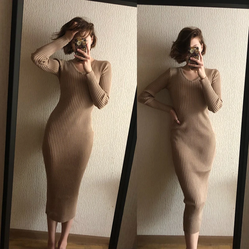 

New2021 Women Autumn Knitted Dress V Neck Sexy Slim Elastic Oversized Basic Bodycon Long Dress Winter knit Warm Sweater Dresses