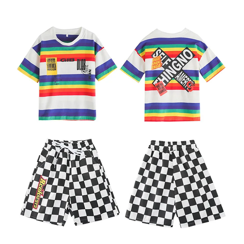 

Hip hop boy's fashion, big stripe T-shirt, summer coat, shorts, jazz dance dress