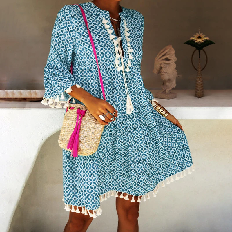 

Autumn 3/4 Flare Sleeve Loose Mini Dress Women Spring Deep V Neck Tassel Party Dress Casual Geometric Print Patchwork Lady Dress