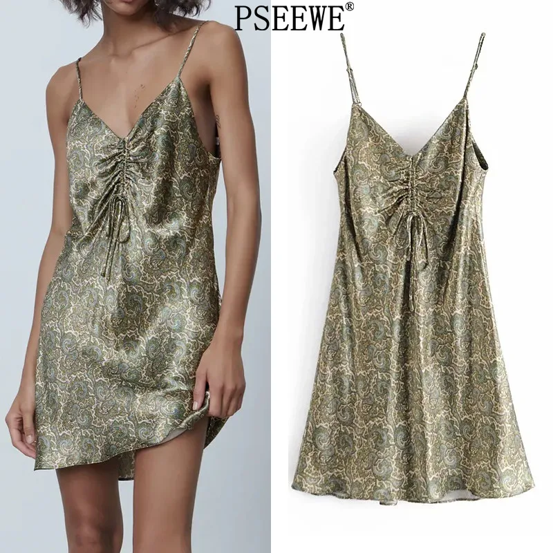 

PSEEWE Za Vintage Print Slip Short Woman Dresses Summer 2021 Ruched Adjustable Straps Backless Mini Sexy Dress Women Party Dress