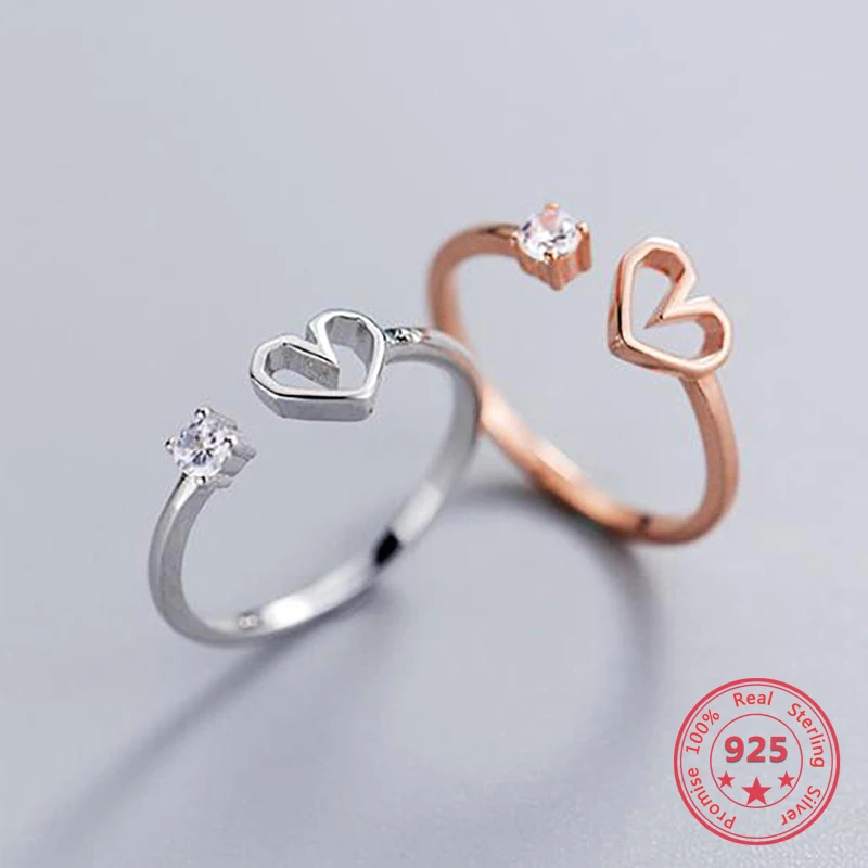 

Real 925 Sterling Silver Simple Heart Shape Geometric Hollow Zircon Open Rings Party Fine Charming Jewelry Trendy Gift For Women