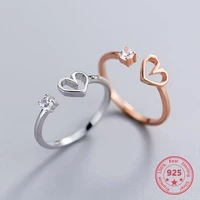 real 925 sterling silver simple heart shape geometric hollow zircon open rings party fine charming jewelry trendy gift for women