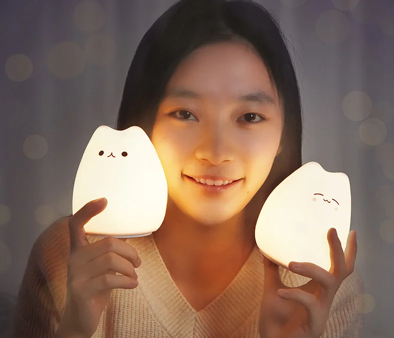 

NEW LED Night Light Kids Bedside Table Lamp Snooze Mood Lights Soft Silicone Cat Lamp Decoration with 7 Lighting Touch Switch
