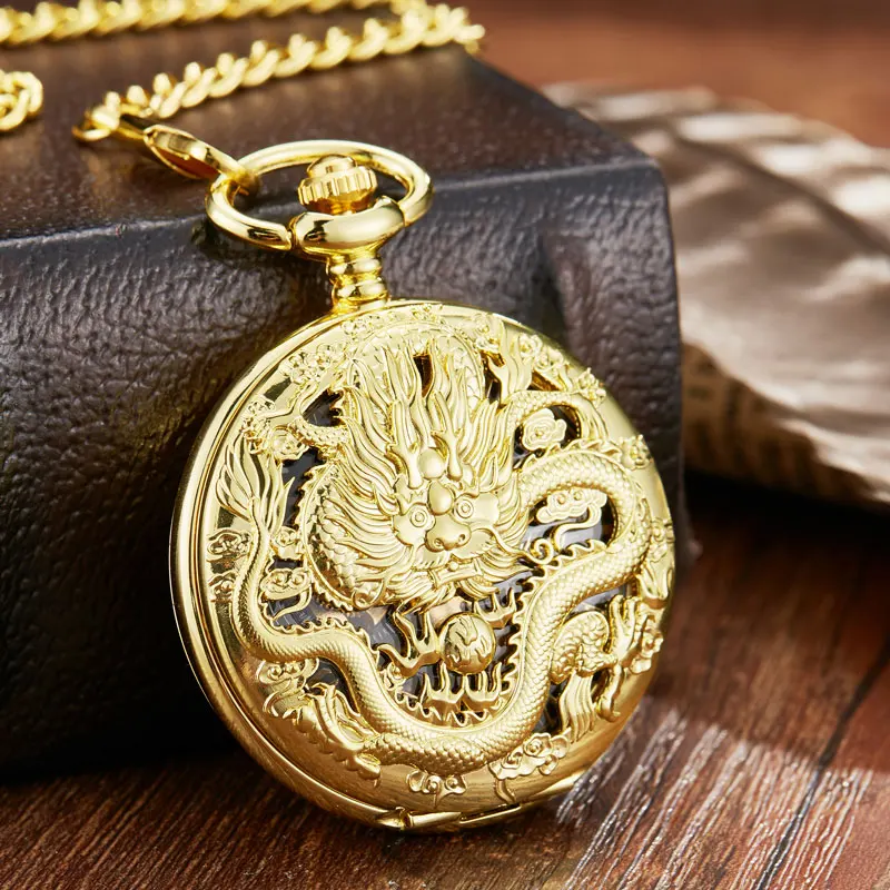 Luxury Sliver Steampunk Skeleton Chinese Flying Dragon Mechanical Pocket Watch Chain Pendant Mechanical Hand Wind Men Fob Watch
