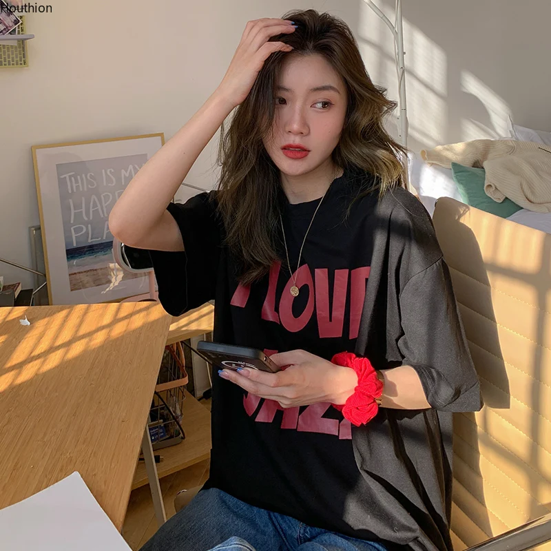 

Houthion Women's Oversized T-shirt Letter Pint Tops Loose Plus Size Tshirt New O-neck T Shirt Cotton Casual Fashion