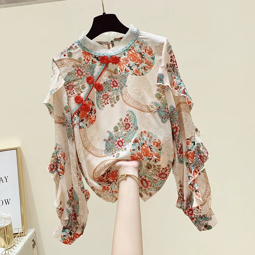 

2021 Spring Autumn New Vintage Plate Buttons Ruffled Chiffon Shirt Women's Floral Shirt Long Sleeve Blusa Mujer