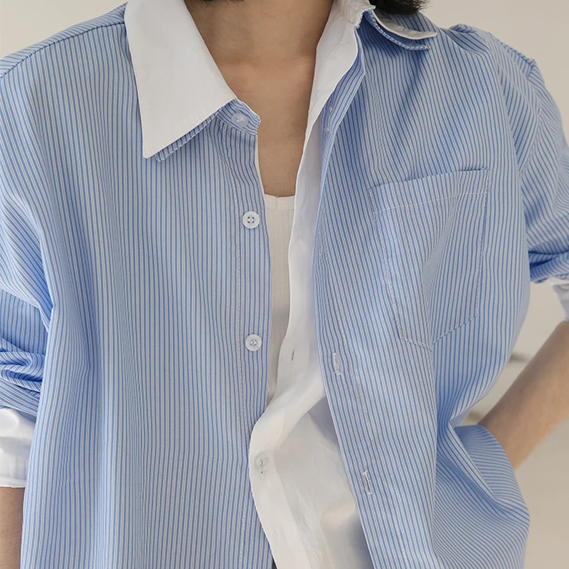 

GALCAUR Blue Striped Shirts For Women Lapel Long Sleeve Hit Color Loose Oversized Casual Blouses Female 2021 Autumn Clothes Tide