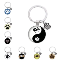 new cartoon cute pet dog footprint keychain convex round glass pet kitten puppy paw pattern key ring
