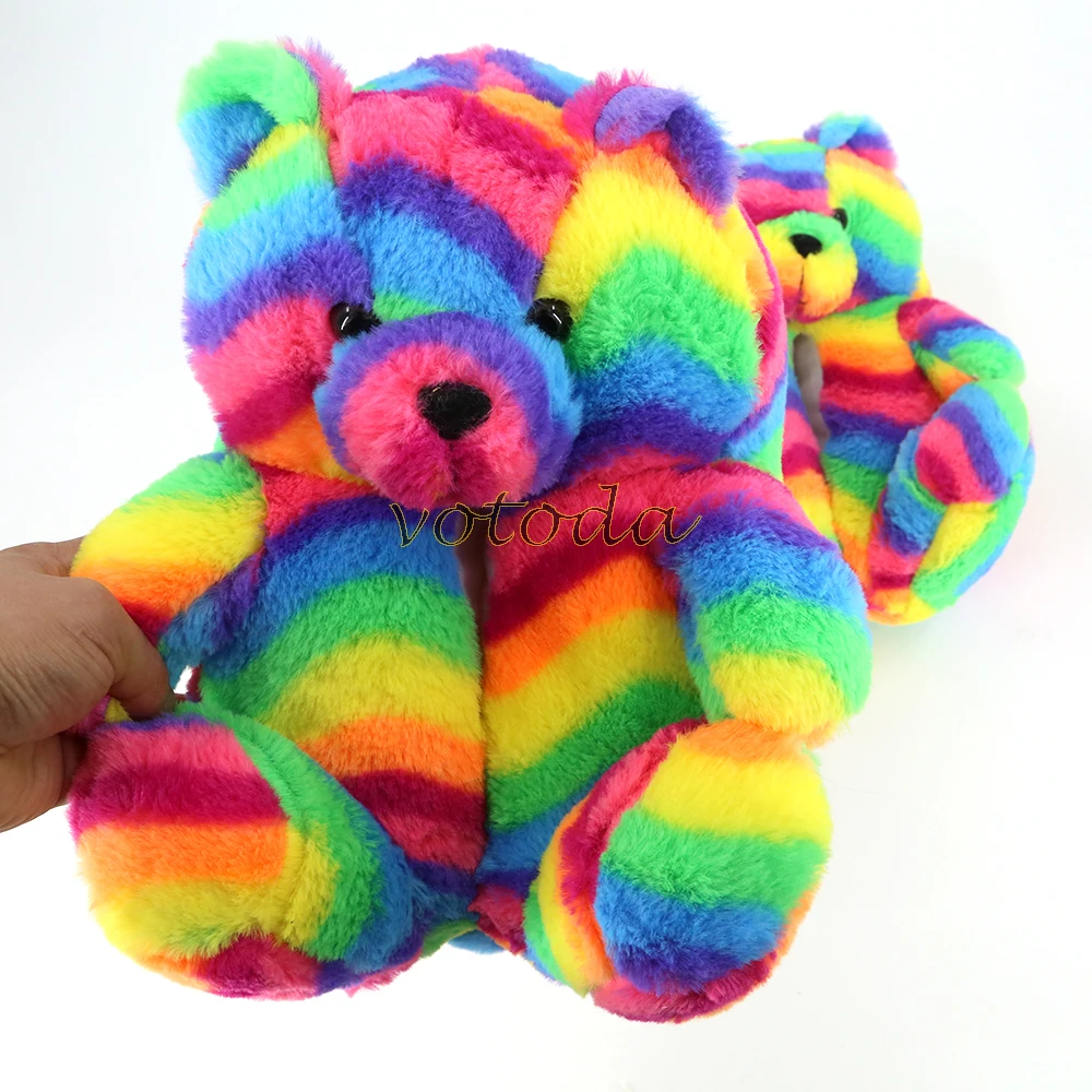 Teddy Bear Slippers Women Cute Cartoon Slides Furry Warm Soft Shoes Home Non-slip Cotton Flip Flops Rainbow Teddies Bear Slipper best house slippers