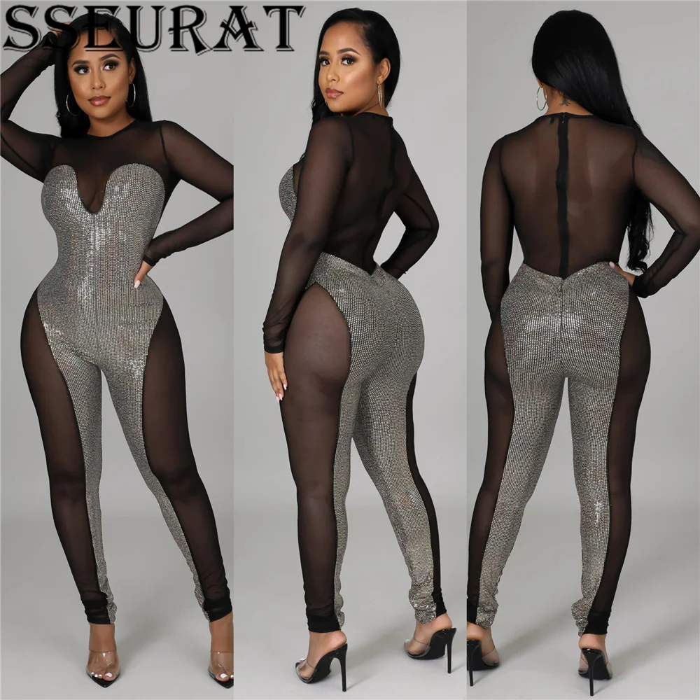 

SSEURAT Women Long Sleeve See Through Mesh Sequin Patchwork Bodycon Jumpsuit Female Sexy Slim Playsuits Clubwear Outfits