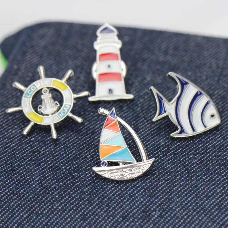

Navy style badge cartoon tropical fish metal brooch creative sailboat lighthouse rudder cartoon brooch lapel pin small gift