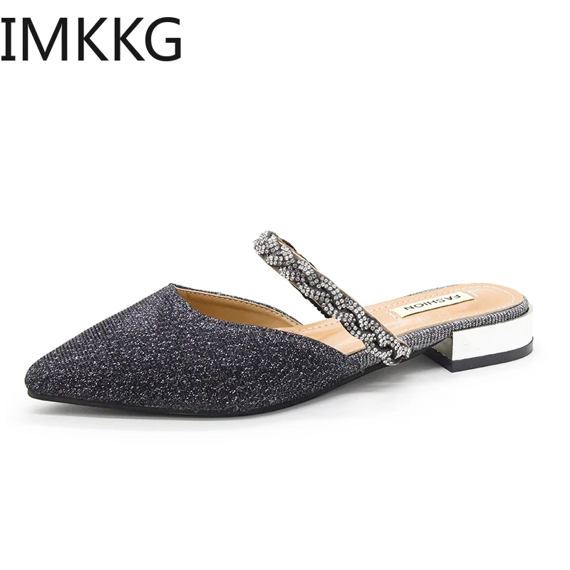 Мюли женские с заостренным носком ПУ кожа шлепанцы низкий каблук хрустальные