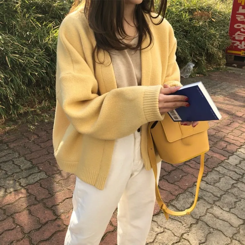 Women Sweater Coat 2019 Yellow Knitted Cardigans Long Sleeve Oversize Jacket Casual Loose Outwear |