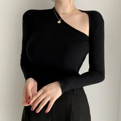 

Ins Sexy Open Collarbone Skew Collar Long Sleeve Knit T Shirt Black Skinny Hollow Out Tees Basic Autumn Bottom Ladies Top