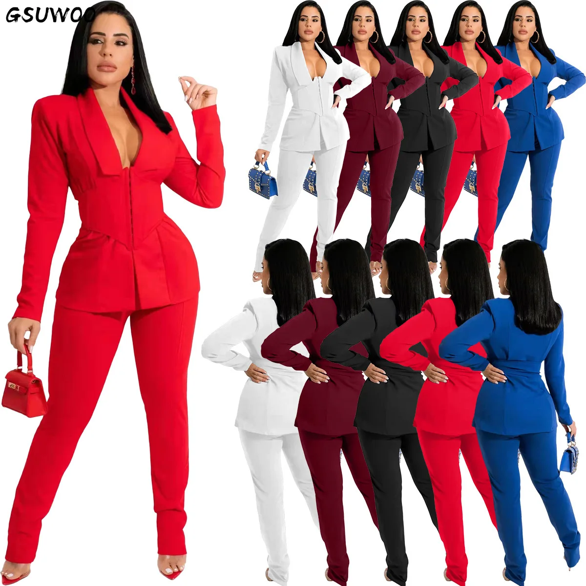 

Женский офисный Блейзер GSUWOO, комплект из двух предметов, деловой костюм, блейзер с длинным рукавом и поясом, брюки-карандаш, униформа