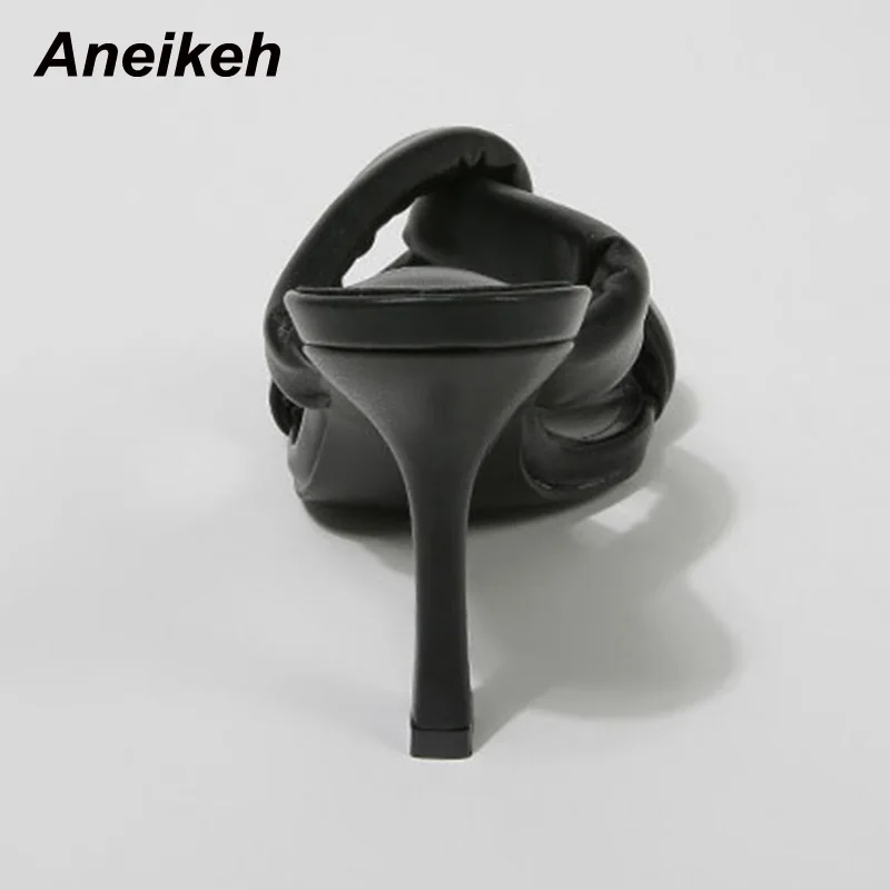 

Aneikeh Leisure Fashion Shoes For Women 2021 Summer Retro PU Pleated Sewing Slip-On High Heels Zapatos De Mujer Solid Size 35-40