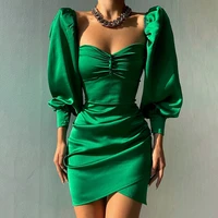 wsevypo elegant puff sleeve square collar corset dress office party vestidos women buttons draped bodycon dress 2022 spring fall