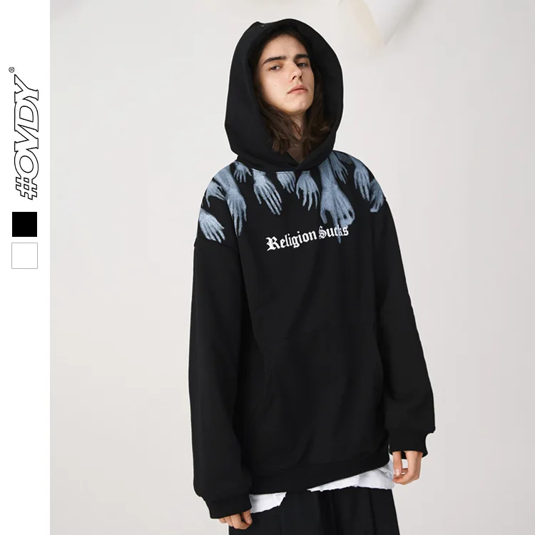 

ghost hand gothic letters printed front pocket hoodie