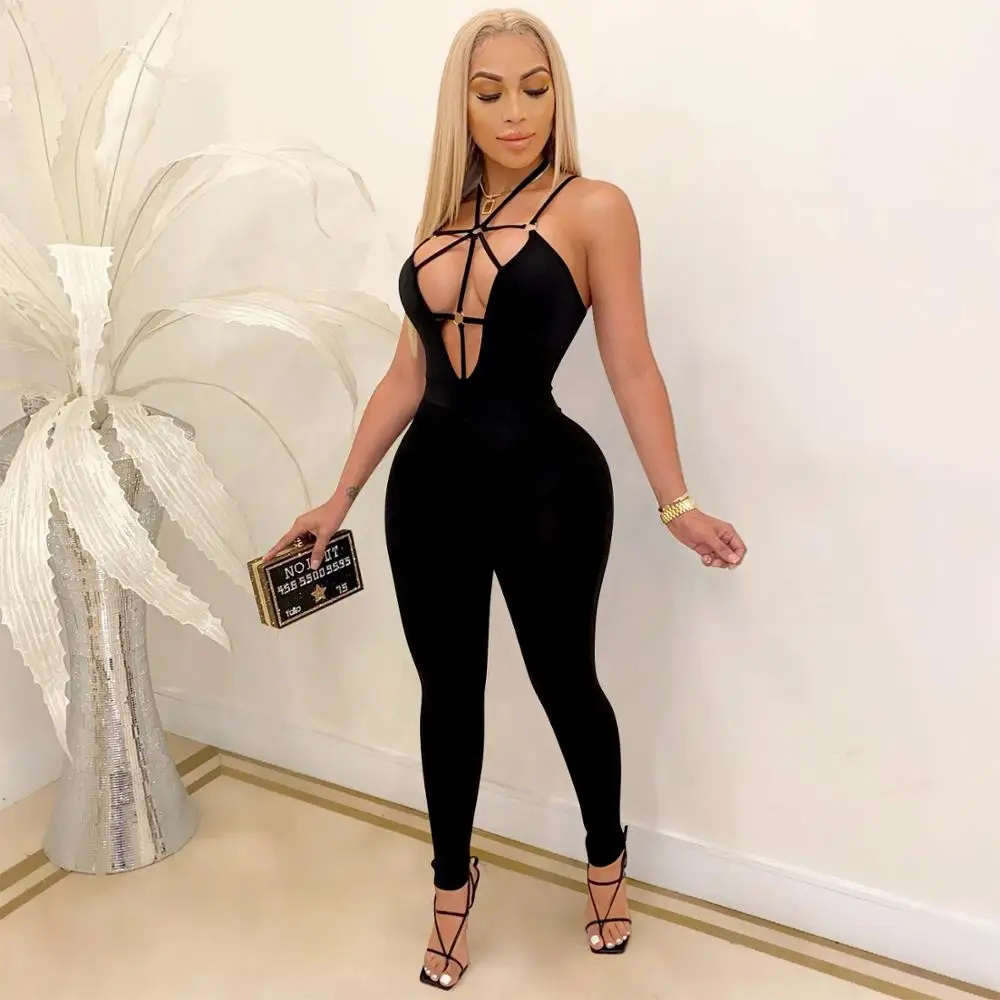 Echoine Hollow Out Sexy Lace Up Bandage Jumpsuit Sleeveless Skinny Bodycon Partywear Streetwear Backless Halt Club Outfits