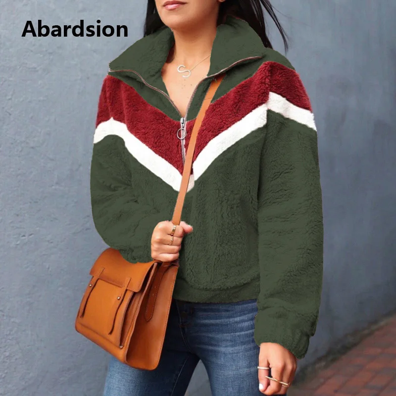 Abardsion/осень-зима, теплые меховые толстовки, верхняя одежда, Женский пуловер, Повседневный, пэчворк, на молнии, с длинными рукавами, плюшевая Толстовка