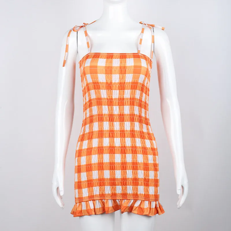 

Summer Sling Lattice Dress For Women 2021 Europe America Fashion Sexy High Waist Slim Plaid Wrinkle Dresss JD1053