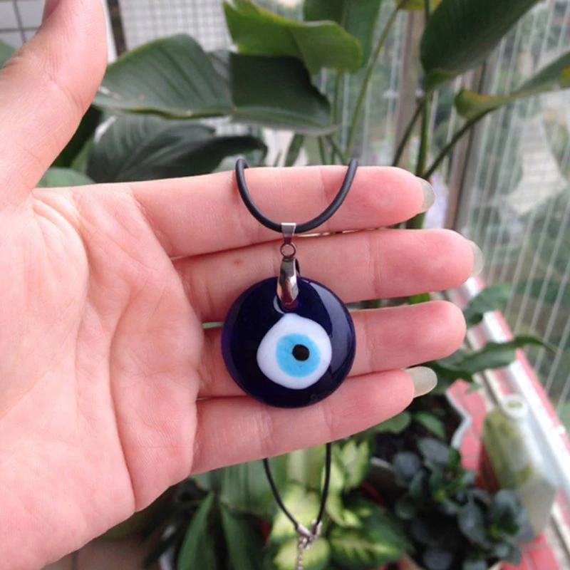 

Women Trendy Demon Evil Eye Necklace European and American Wax Rope Turkey Blue Eye Round Drop Shape Necklace