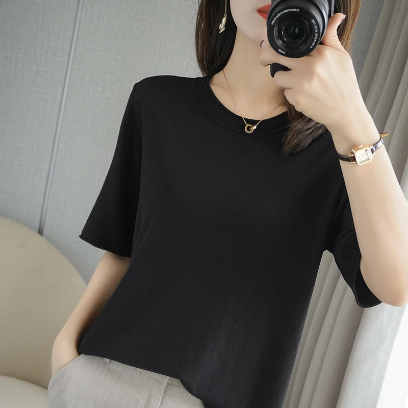 

Summer Woman's Sweater Thin O-Neck Short Sleeve Casual Female Pullover 100% Cotton Knitted Fumper Clothes Pull Femme Tops Health