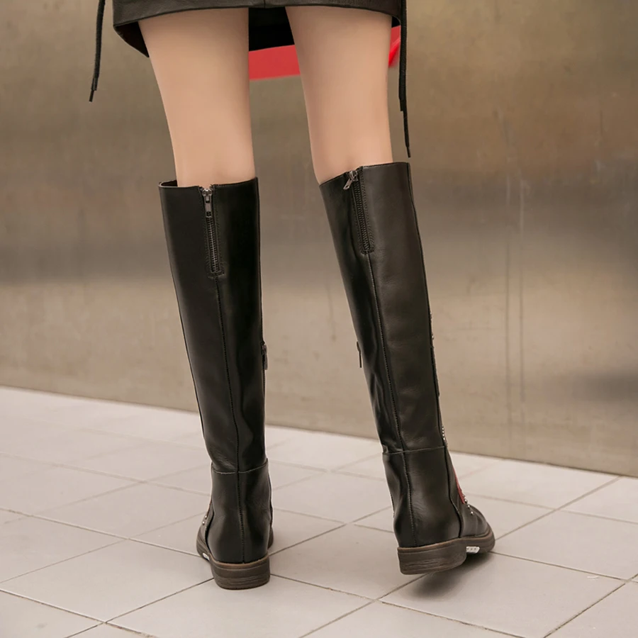 

Prova Perfetto new arrival high quality handmade genuine leather mixed color women knee high boots zipper rivet knight long boot